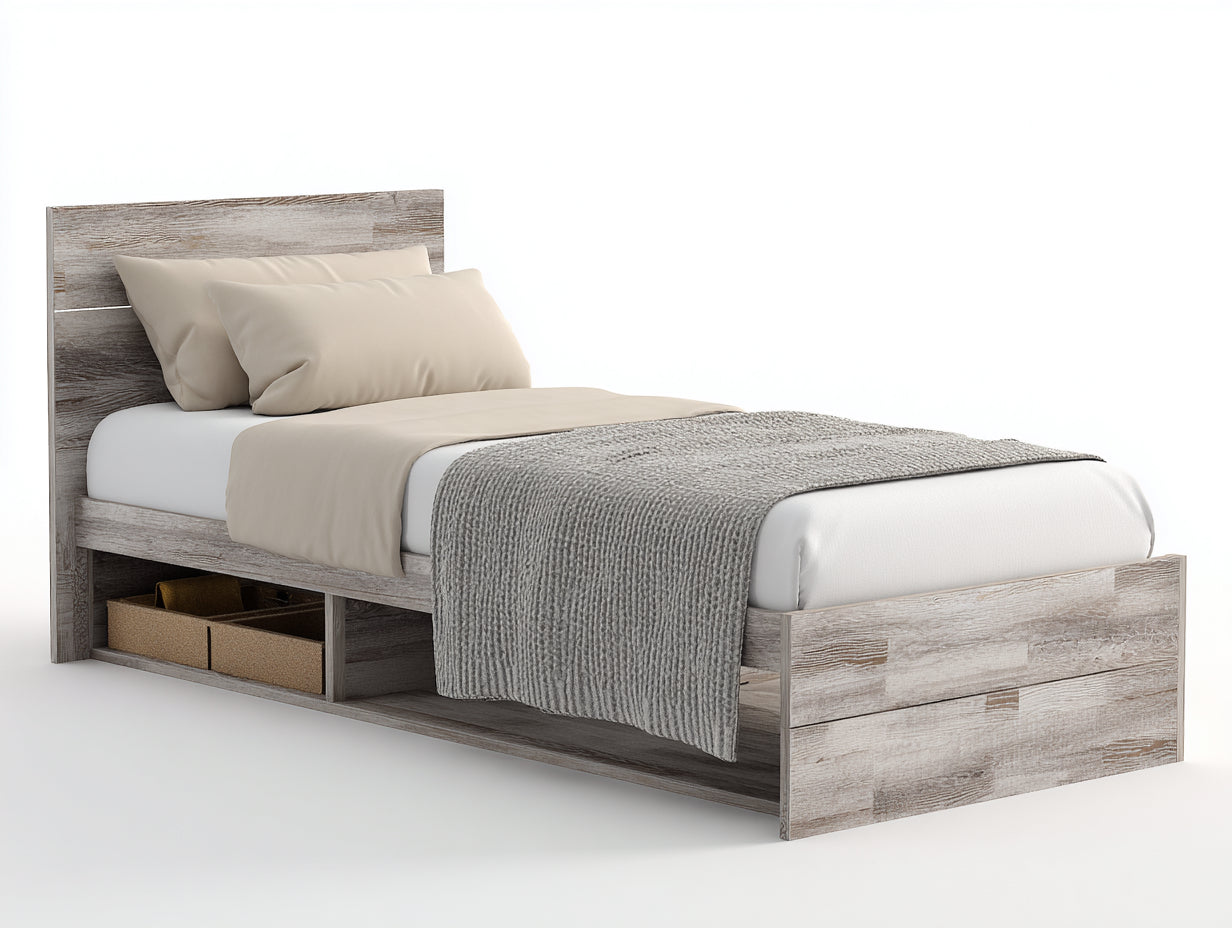 Letto singolo - legno - 207x102x92 cm - grigio-beige - rustico