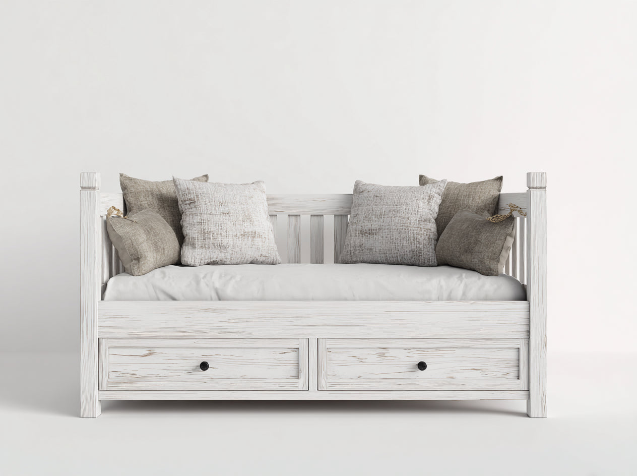 Divano letto-Legno-Tessuto-202x93x88 cm-Bianco-Beige-Rustico