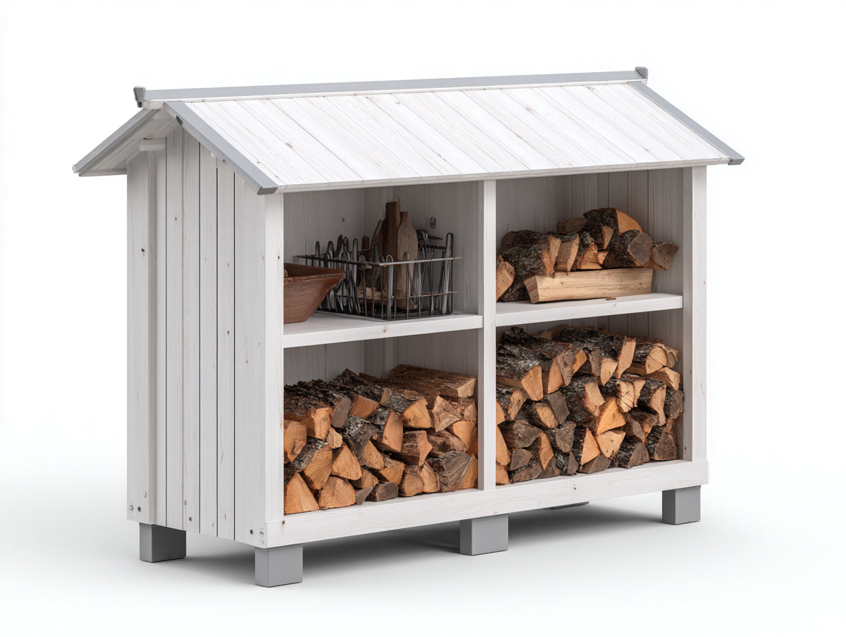Portalegna - Legno-Metallo - 150x63x169 cm - Bianco-Grigio - Stile rustico da esterno